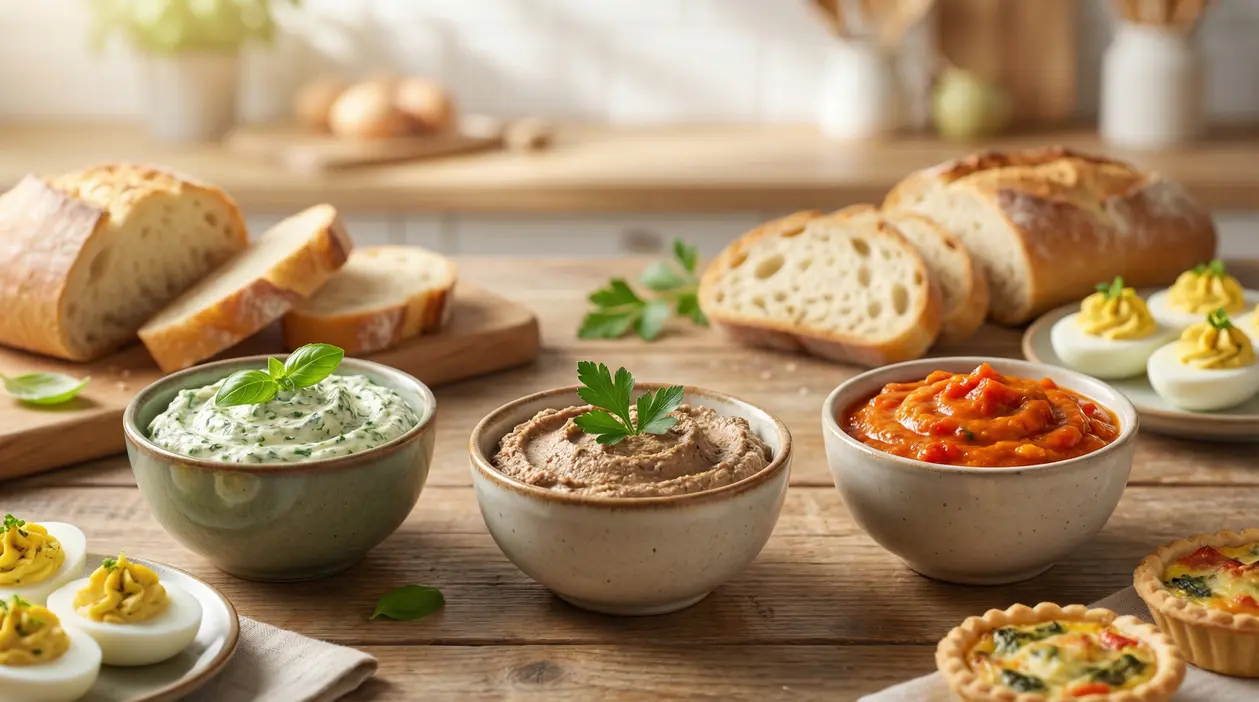 Tre ciotole con creme spalmabili accompagnate da uova ripiene, pane e tartellette su un tavolo rustico