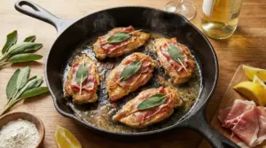 Saltimbocca alla romana in cottura in una padella di ghisa con salvia e prosciutto crudo