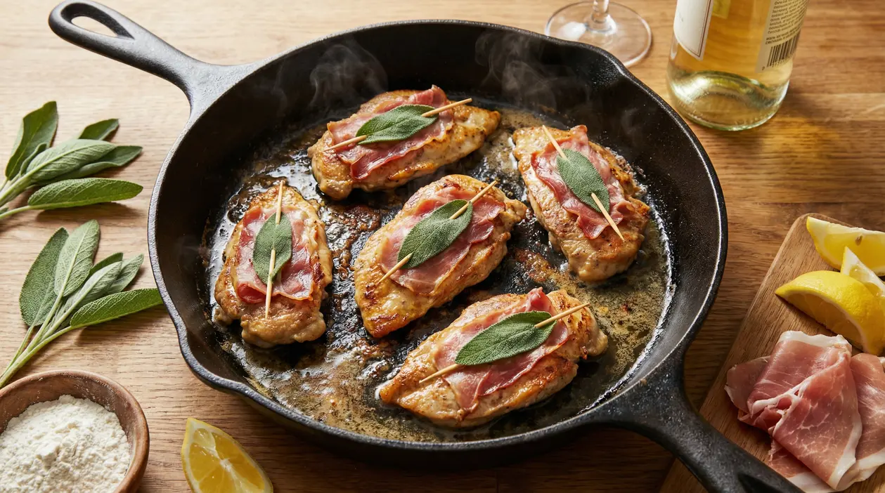 Saltimbocca alla romana in cottura in una padella di ghisa con salvia e prosciutto crudo