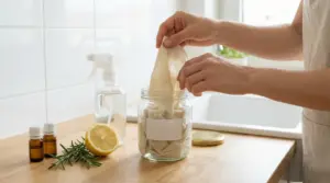 Persona prepara salviettine fai da te per pulire e profumare la casa con limone e oli essenziali