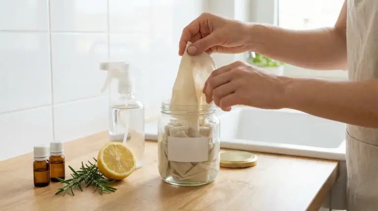 Persona prepara salviettine fai da te per pulire e profumare la casa con limone e oli essenziali