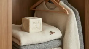 Sapone di Marsiglia tra maglioni nell’armadio, usato come rimedio naturale contro le tarme