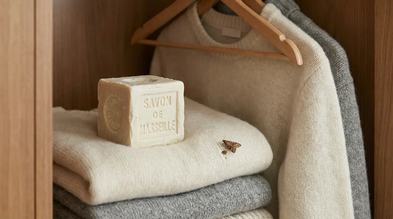 Sapone di Marsiglia tra maglioni nell’armadio, usato come rimedio naturale contro le tarme