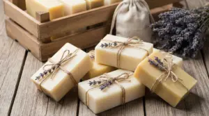 Saponi di Marsiglia fatti a mano decorati con spago e lavanda su tavolo in legno