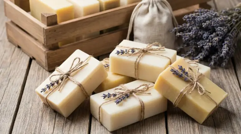 Saponi di Marsiglia fatti a mano decorati con spago e lavanda su tavolo in legno