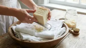 Persona che grattugia sapone di Marsiglia su panni bianchi per un bucato profumato e naturale