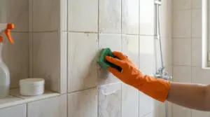 Mano con guanto arancione pulisce le piastrelle del bagno con una spugna e un rimedio sbiancante fai da te