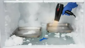 Interno di un freezer con ghiaccio e una mano con phon che sbrina