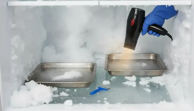 Interno di un freezer con ghiaccio e una mano con phon che sbrina