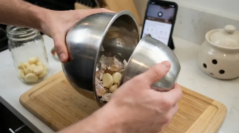 Mani che scuotono due ciotole d'acciaio con spicchi d'aglio al loro interno