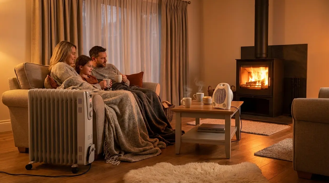 Famiglia sul divano con plaid e tazze calde vicino a stufa a legna e termoconvettore in salotto