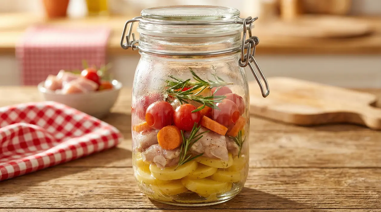 Barattolo di vetro con patate, carote, pomodorini e rosmarino pronto per la vasocottura