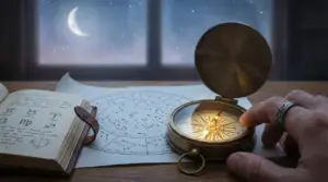 Una mano posata su una bussola accanto a un diario zodiacale e una mappa astrologica