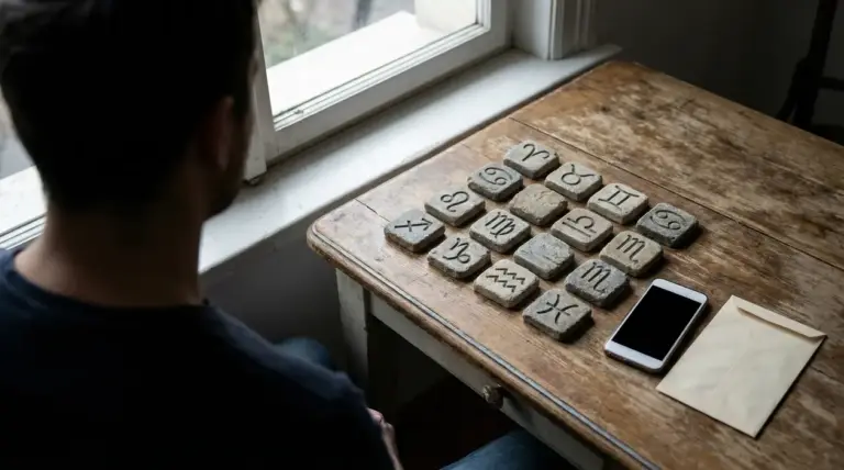 Persona seduta davanti a un tavolo con simboli zodiacali su pietre scolpite