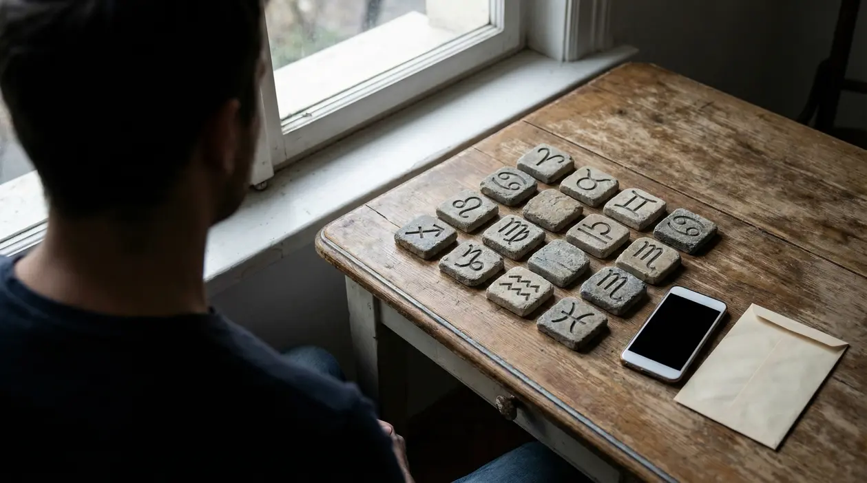 Persona seduta davanti a un tavolo con simboli zodiacali su pietre scolpite