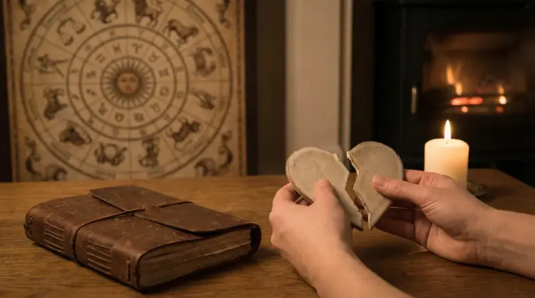 Mani tengono un cuore spezzato in ceramica con sfondo di segni zodiacali e una candela accesa