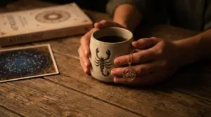 Mani che tengono una tazza con simbolo dello Scorpione e un pendente zodiacale su tavolo in legno