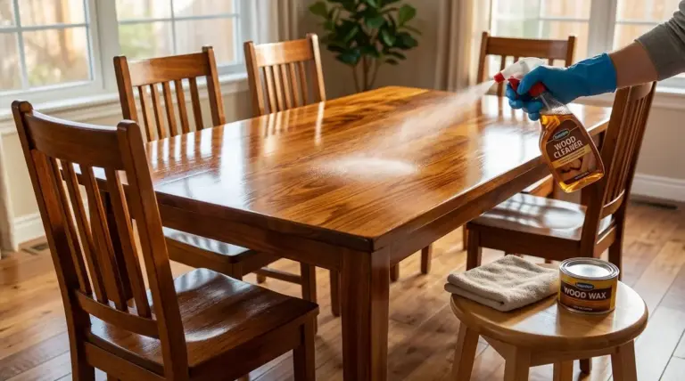 Persona con guanti spruzza detergente su un tavolo da pranzo in legno lucido con sedie abbinate, in una stanza luminosa