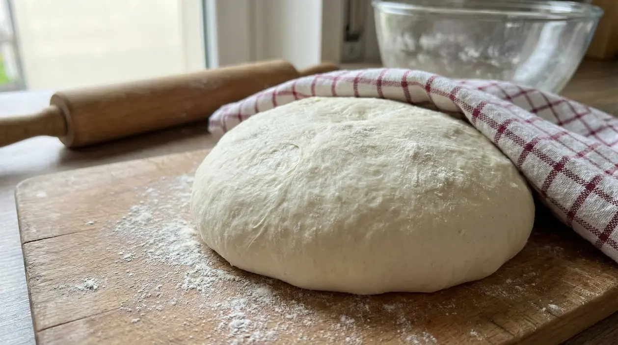 Impasto lievitato su un tagliere di legno coperto da un canovaccio a quadri