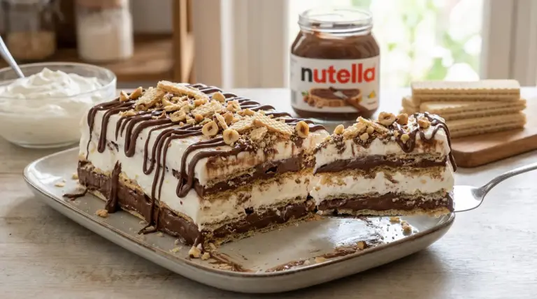 Semifreddo con strati di wafer, panna e Nutella su vassoio, decorato con nocciole tritate