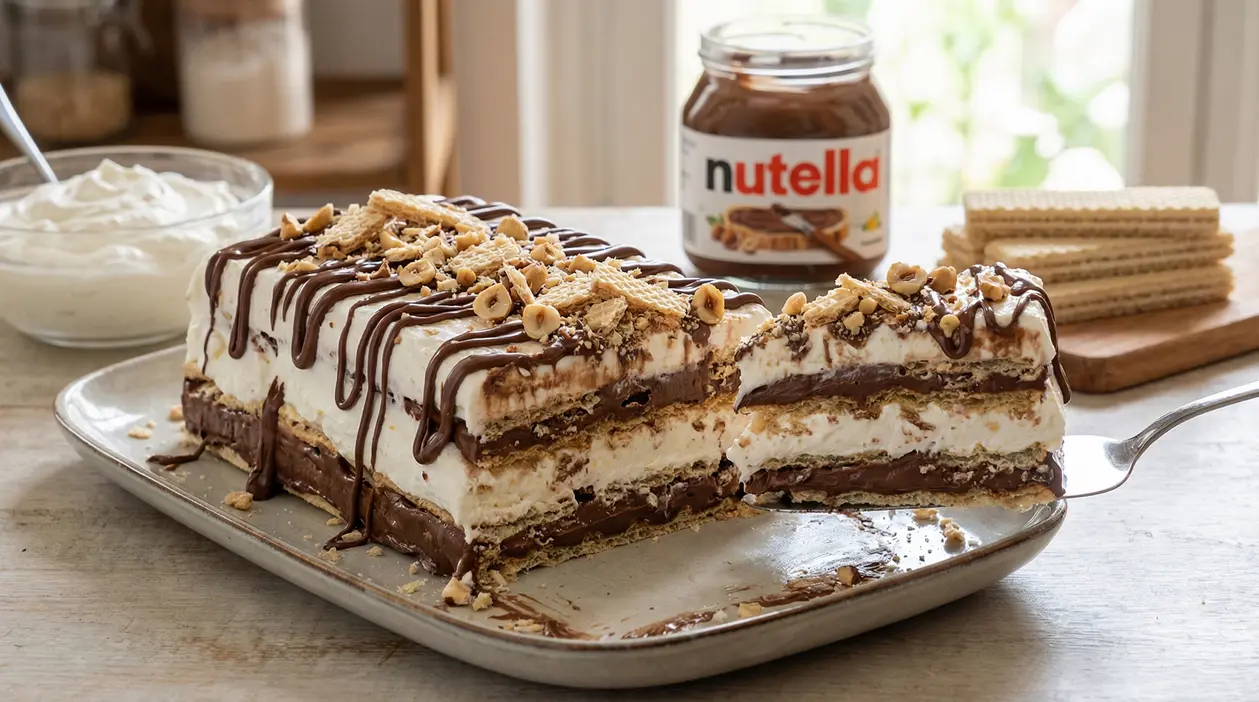 Semifreddo con strati di wafer, panna e Nutella su vassoio, decorato con nocciole tritate