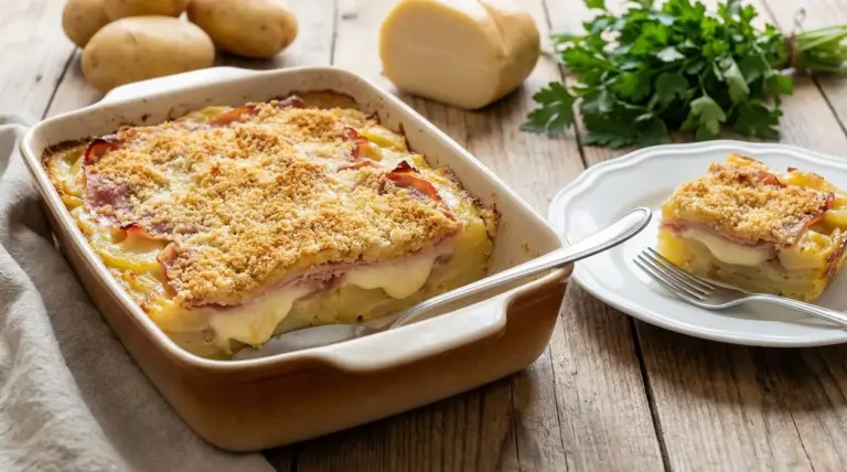 Sformato di patate con prosciutto e scamorza servito in teglia e su un piatto bianco