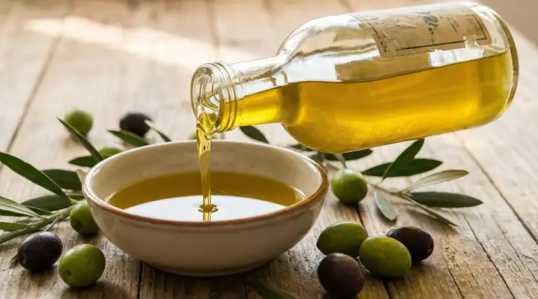 Olio d'oliva versato in una ciotola con olive e rami su un tavolo di legno