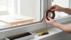 Mani che applicano una guarnizione adesiva su una finestra per sigillare gli spifferi