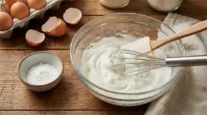 Ciotola con albumi montati a neve, frusta da cucina e gusci d'uovo sul tavolo