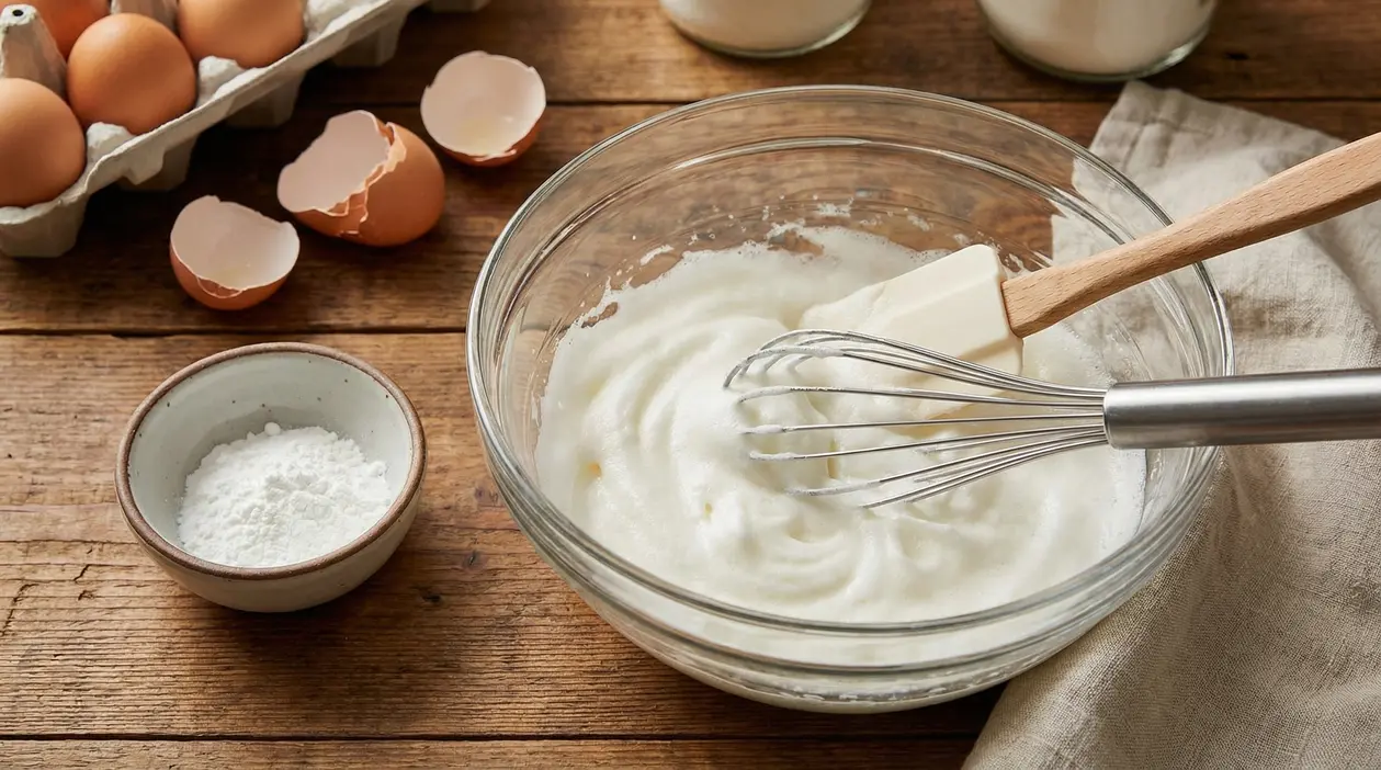 Ciotola con albumi montati a neve, frusta da cucina e gusci d'uovo sul tavolo