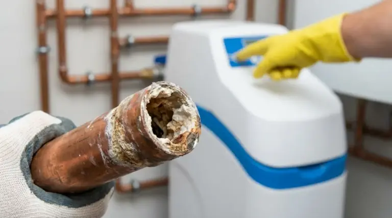 Tubo in rame con incrostazioni di calcare in primo piano e addolcitore d’acqua sullo sfondo