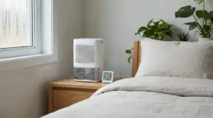 Deumidificatore su un comodino accanto a un letto in una stanza con finestra appannata