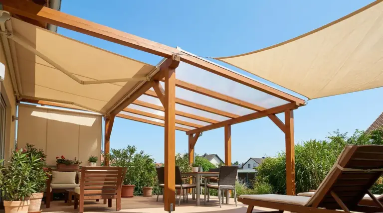 Terrazzo con pergola in legno e teli ombreggianti per protezione da sole e pioggia, con area relax e tavolo