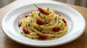 Piatto di spaghetti aglio, olio e peperoncino servito su un piatto bianco