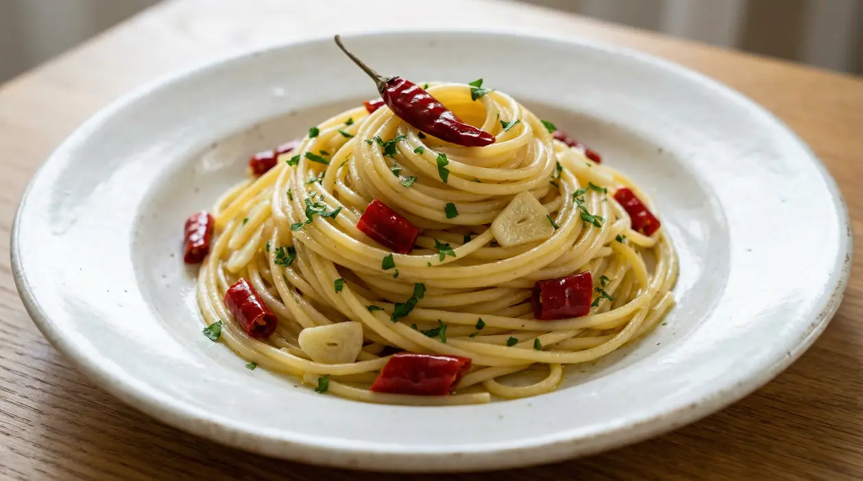 Piatto di spaghetti aglio, olio e peperoncino servito su un piatto bianco