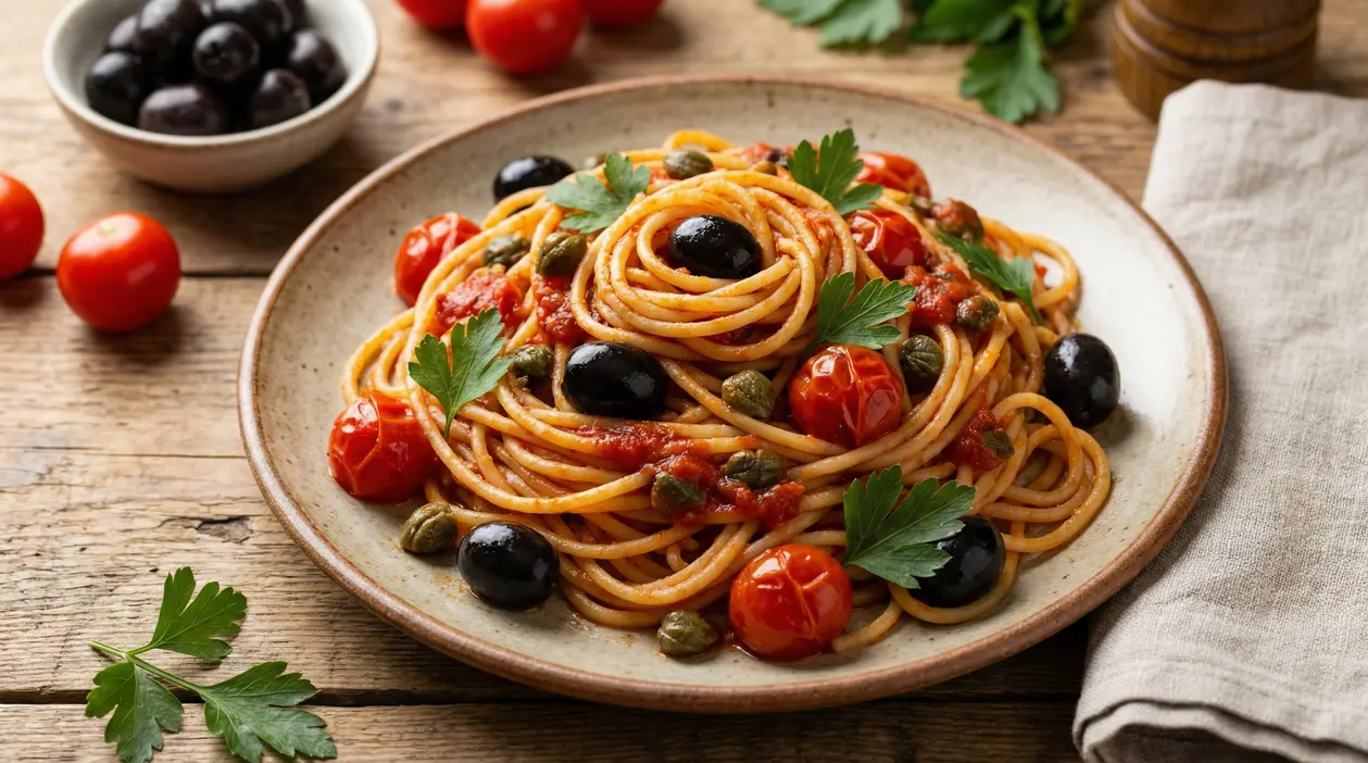 Piatto di spaghetti alla puttanesca con pomodorini, olive nere e capperi