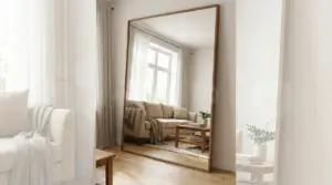 Grande specchio a pavimento che riflette un soggiorno luminoso con divano beige e tavolino in legno