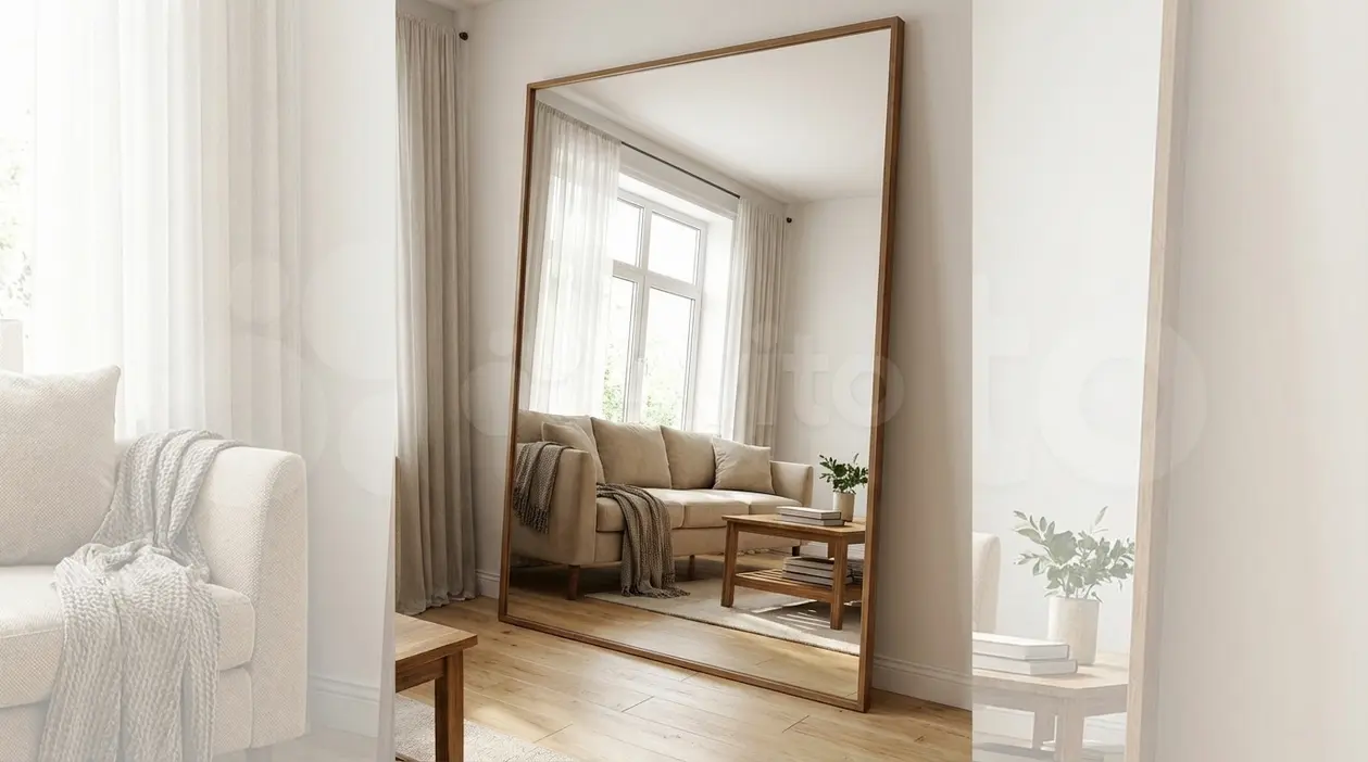 Grande specchio a pavimento che riflette un soggiorno luminoso con divano beige e tavolino in legno