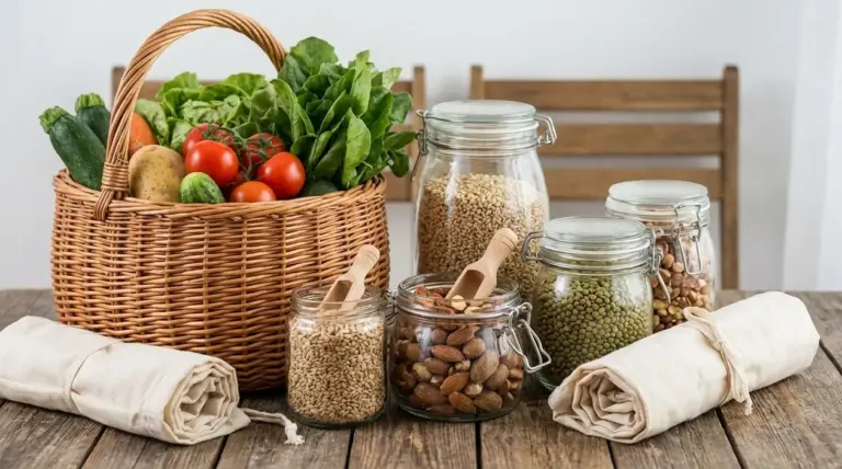 Cesto con verdure fresche, barattoli di legumi e frutta secca, con sacchetti riutilizzabili su un tavolo