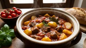 Spezzatino di manzo con patate in umido servito in una pentola di terracotta fumante
