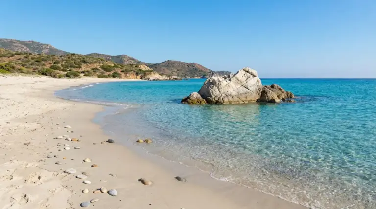 Spiaggia libera con sabbia chiara, mare cristallino e scogli in riva, in Italia