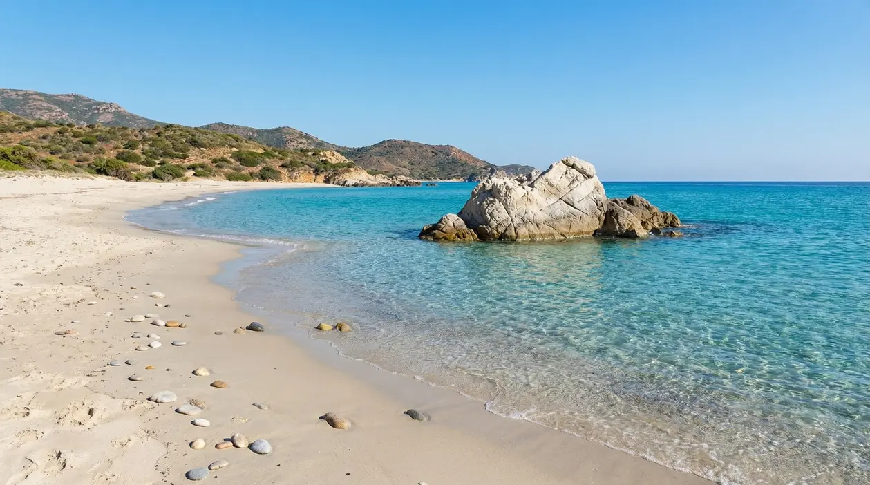 Spiaggia libera con sabbia chiara, mare cristallino e scogli in riva, in Italia