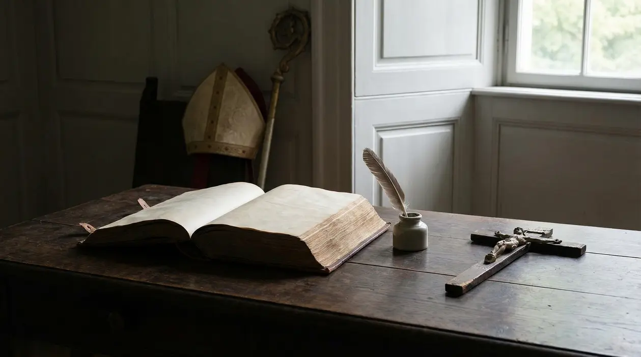 Libro aperto, crocifisso e penna su una scrivania in una stanza luminosa