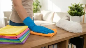 Persona con guanti pulisce un tavolino in legno con panno in microfibra, vicino a panni colorati e piumino spolvero