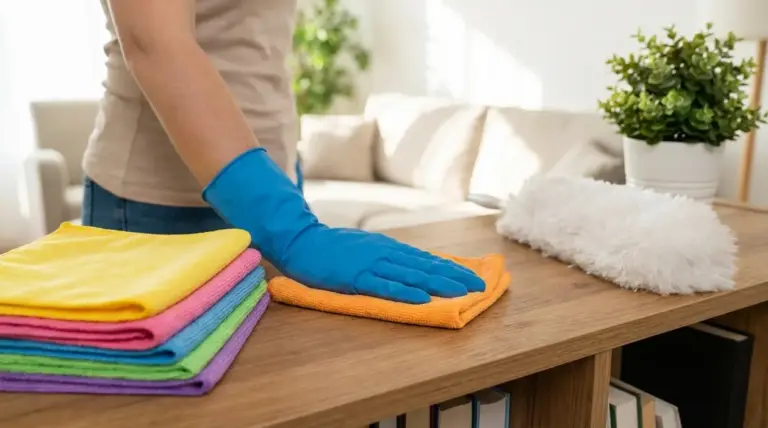 Persona con guanti pulisce un tavolino in legno con panno in microfibra, vicino a panni colorati e piumino spolvero