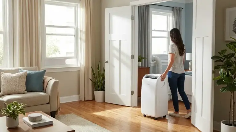 Persona che sposta un condizionatore portatile su ruote tra soggiorno e camera, con tubo vicino alla finestra
