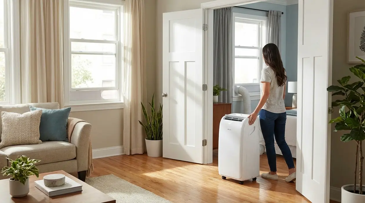 Persona che sposta un condizionatore portatile su ruote tra soggiorno e camera, con tubo vicino alla finestra