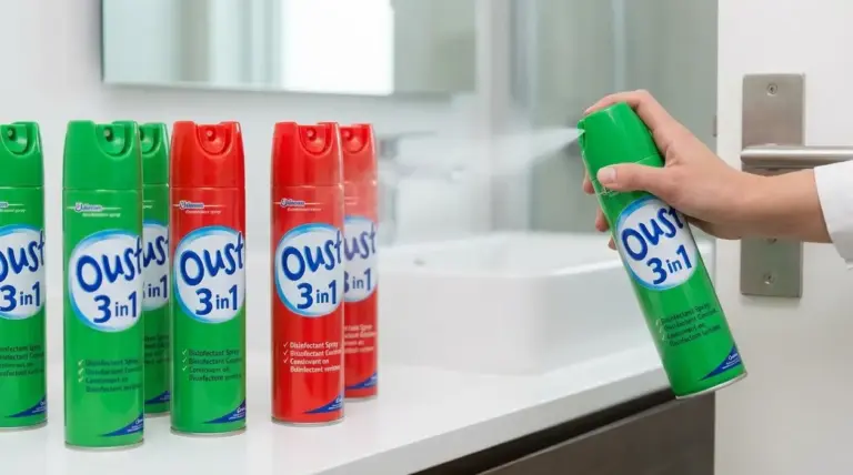 Mano che spruzza uno spray disinfettante in bagno, con bombolette di detergente sul lavandino