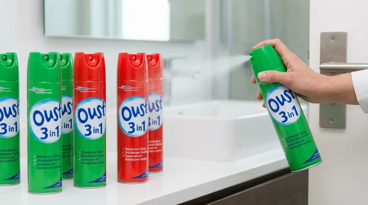 Mano che spruzza uno spray disinfettante in bagno, con bombolette di detergente sul lavandino