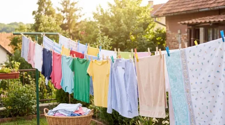 Panni stesi al sole su fili da bucato in giardino, con magliette e asciugamani all’aperto